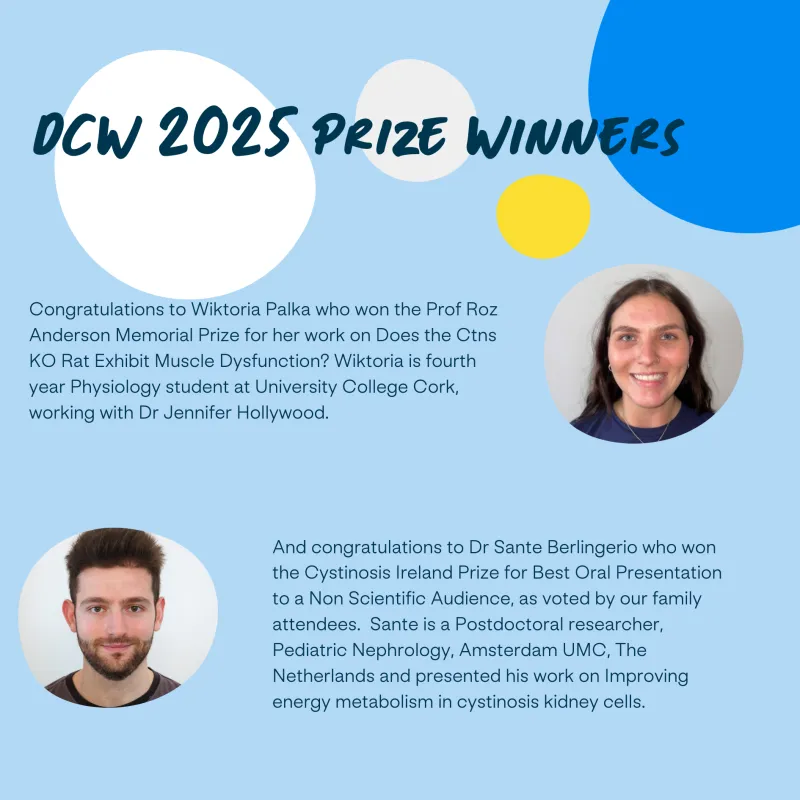 The image shows a picture of Wiktoria Palka congratulating her on winning the Prof Roz Anderson Memorial Prize, and a picture of Dr Sante Berlingero congratulating him on winning the Cystinosis Ireland Proze for Best Oral Presentation to a Non Scientific Audience. 