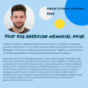 2024 Professor Roz Anderson memorial prize to Sante Princiero Berlingerio of KU Leuven, Belgium presenting his work “Targeting oxidative stress-driven lipid peroxidation improves podocyte dysfunction in cystinosis”. the picture is a blue background with a picture of the prizewinner Sante.