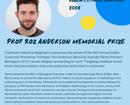 2024 Professor Roz Anderson memorial prize to Sante Princiero Berlingerio of KU Leuven, Belgium presenting his work “Targeting oxidative stress-driven lipid peroxidation improves podocyte dysfunction in cystinosis”. the picture is a blue background with a picture of the prizewinner Sante.